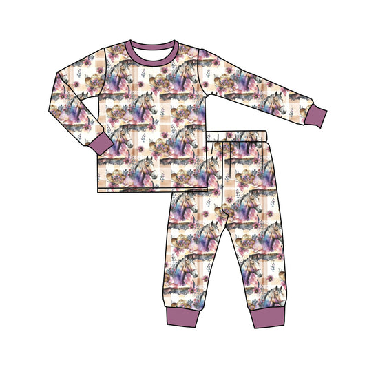 10.12 custom each style moq 5eta 4-6week Sibling horse floral purple baby girls sets and rompers match family design
