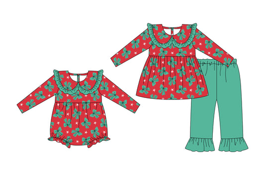 25.5.15 custom each style moq 5eta 4-6week Sibling Sisters Christmas bow baby girl long sleeve pants sets and rompers match family design