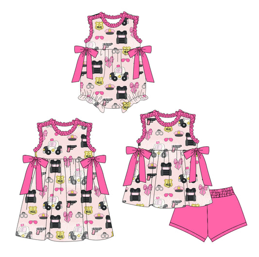 4.3 custom each style moq 5eta 4-6week Sibling Sisters Police baby girl short sleeve shorts sets and dress and rompers match family design