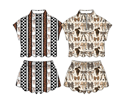 3.28  Custom moq 5 mix size Sibling Baby Girls Bows Zipper Top Short Scallop Hunting Clothes Sets