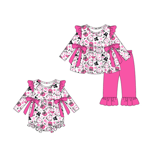 25.5.13 custom each style moq 5eta 4-6week Sibling Sisters ghost bat floral baby girl long sleeve pants sets and rompers match family design