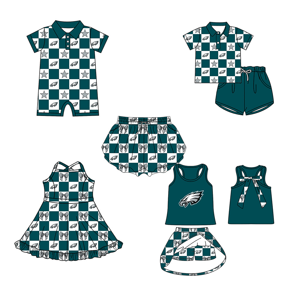 Custom moq 5 mix size milk silk summer teams Green Checked Baby Girl Sleeveless Top Skirt Short Set Dress And Shorts Yoga Outfit Boy's Top Shorts Set Romper