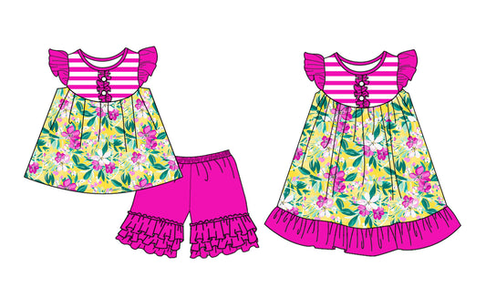 3.11 custom each style moq 5eta 4-6week Sibling Sister floral baby girl short sleeve shorts sets and dresses match design