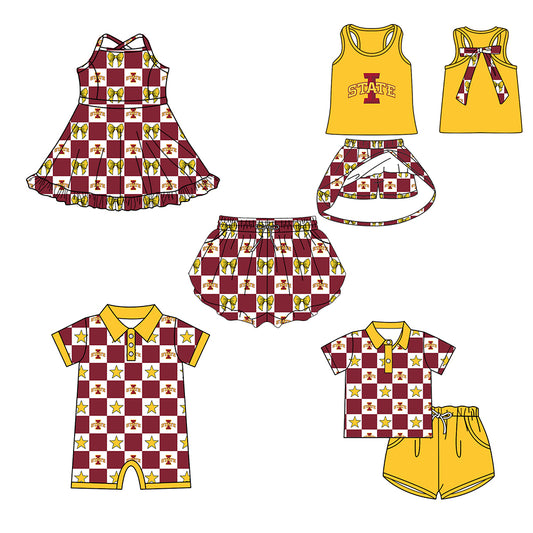 Custom moq 5 mix size milk silk summer teams Red Checked Bows Baby Girl Sleeveless Top Skirt Short Set Dress And Shorts Yoga Outfit Boy's Top Shorts Set Romper