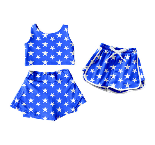 4.16 custom each style moq 5eta 4-6week Sibling Sister stars blue baby girls clothes Short sleeve yoga dress and shorts match family design