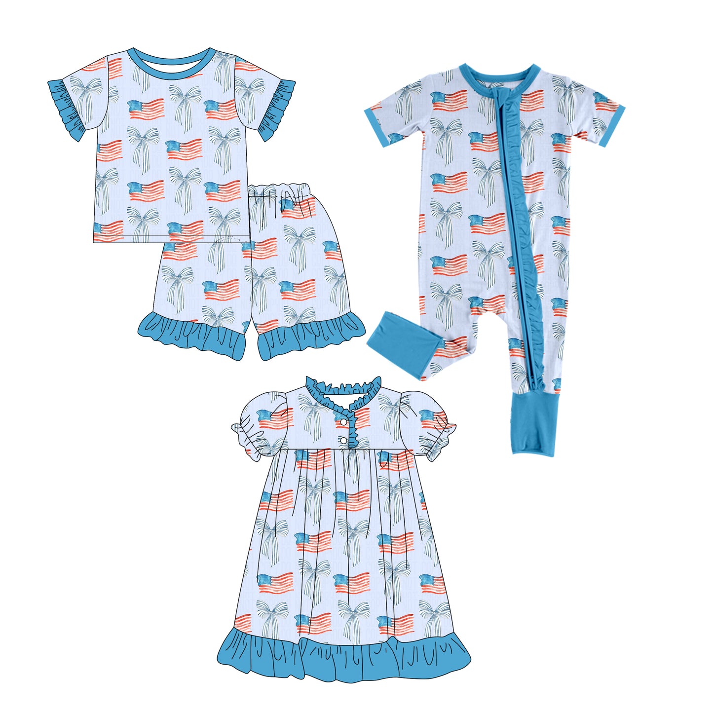 25.12.17 custom each style moq 5 eta 6-8week Sibling Sister flag bow baby short sleeve shorts sets and romper and dress match design