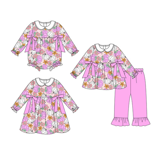 25.8.15 custom each style moq 5eta 4-6week Sibling Sisters halloween pumpkin baby girl long sleeve pants sets and dress and rompers match family design