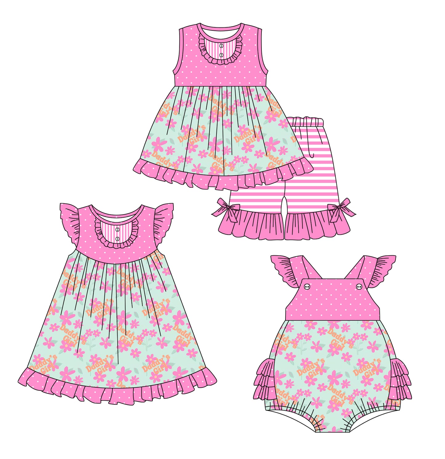 3.6 custom each style moq 5eta 4-6week Sibling Sisters floral baby girl short sleeve shorts sets and dress and rompers match family design