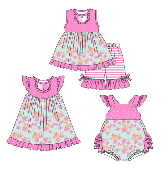 3.6 custom each style moq 5eta 4-6week Sibling Sisters floral baby girl short sleeve shorts sets and dress and rompers match family design