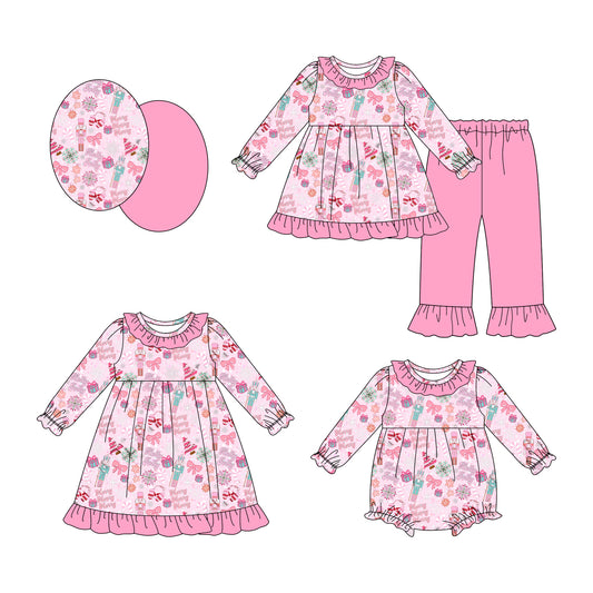 25.8.2 custom each style moq 5eta 4-6week Sibling Sisters Christmas bow baby girl long sleeve pants sets and dress and rompers match family design