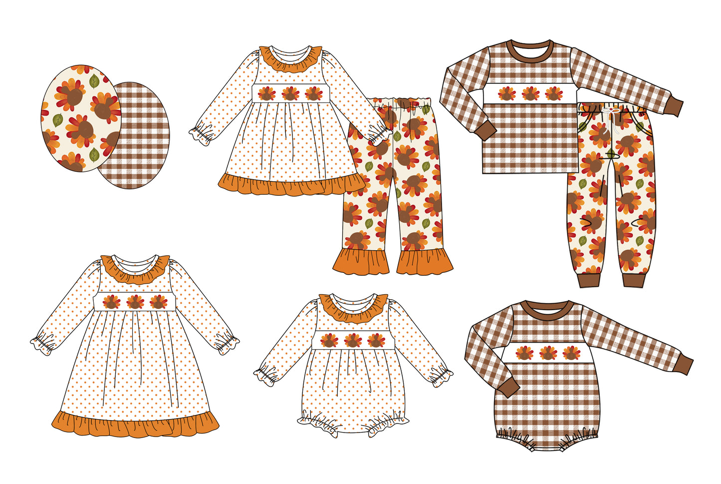 25.7.19 custom each style moq 5 eta 4-6week Sibling Sisters turkey baby girl long sleeve pants sets 1 and sets 2 and romper 1 and romper 2 and dress match family design