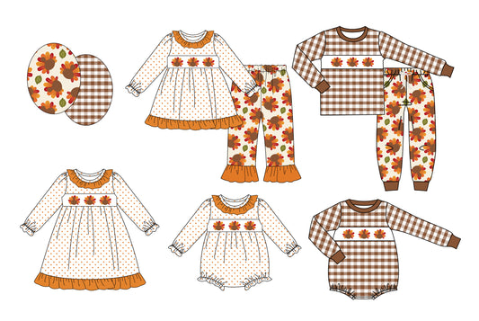 25.7.19 custom each style moq 5 eta 4-6week Sibling Sisters turkey baby girl long sleeve pants sets 1 and sets 2 and romper 1 and romper 2 and dress match family design