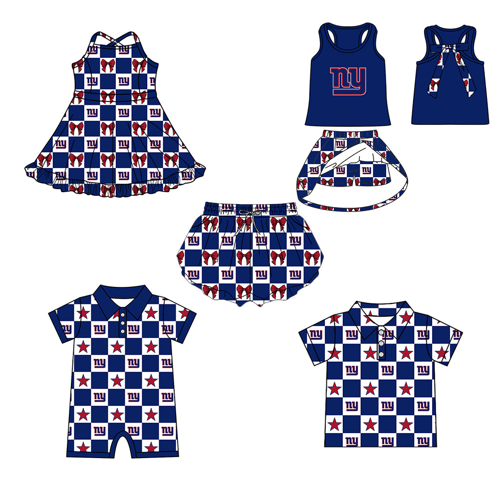 Custom moq 5 mix size milk silk summer teams Baby Girl Navy Blue Sleeveless Top Skirts Set Dress And Shorts Yoga Checked Outfit Boy's Checked Short-Sleeved Polo Shirt And Romper
