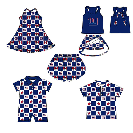 Custom moq 5 mix size milk silk summer teams Baby Girl Navy Blue Sleeveless Top Skirts Set Dress And Shorts Yoga Checked Outfit Boy's Checked Short-Sleeved Polo Shirt And Romper