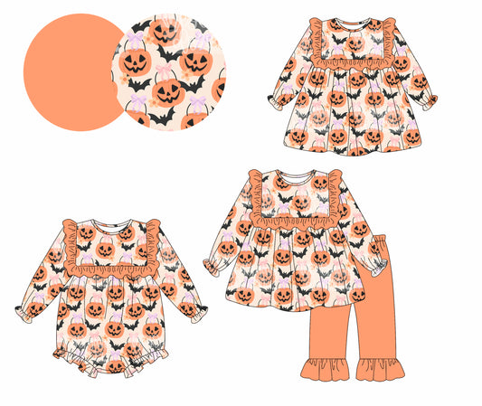25.5.12 custom each style moq 5eta 4-6week Sibling Sisters pumpkin bat bow orange baby girl long sleeve pants sets and dress and rompers match family design