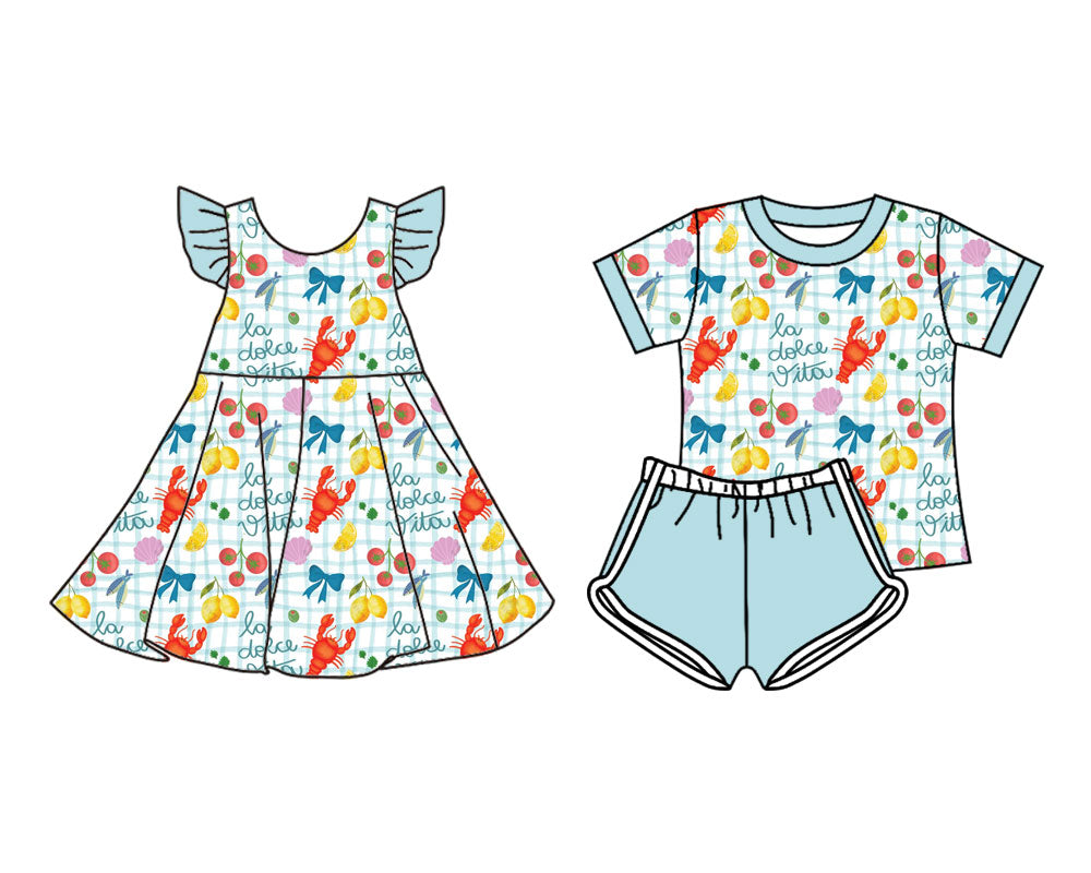 25.11.11 custom each style moq 5 eta 6-8week Sibling Sister lobster baby girl short sleeve shorts sets and dress match design