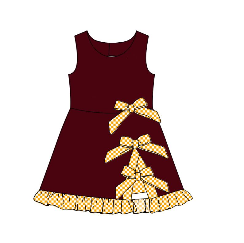 custom moq 5 mix size Baby Girls Sleeveless Checked Bow Yoga Scallop Knee Length Ruffle Dress