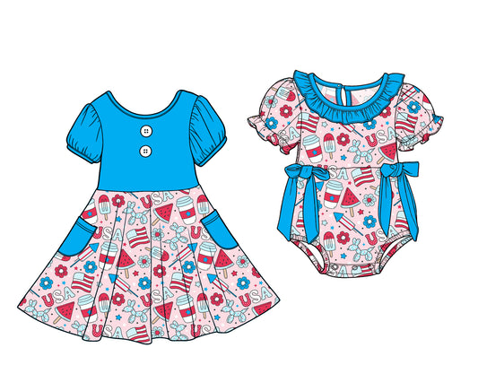 Custom moq 5 mix size Sibling Baby Girl's Blue Short-Sleeved Dress with Pockets And Bow Detail Romper for Little Girls Cute 4th of July Outfit