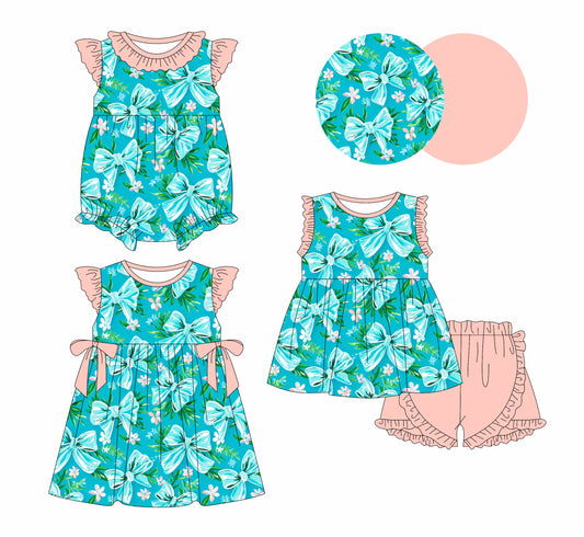 1.13 custom each style moq 5eta 4-6week Sibling Sisters bow baby girl short sleeve shorts sets and dress and rompers match family design