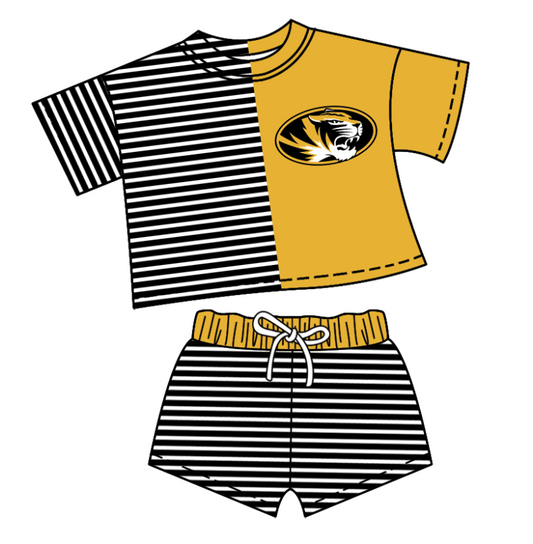 Custom moq 5 mix size milk silk summer teams Children's yellow Striped Outfit Set Short-Sleeved Crew Neck Top And Drawstring Shorts for Kids