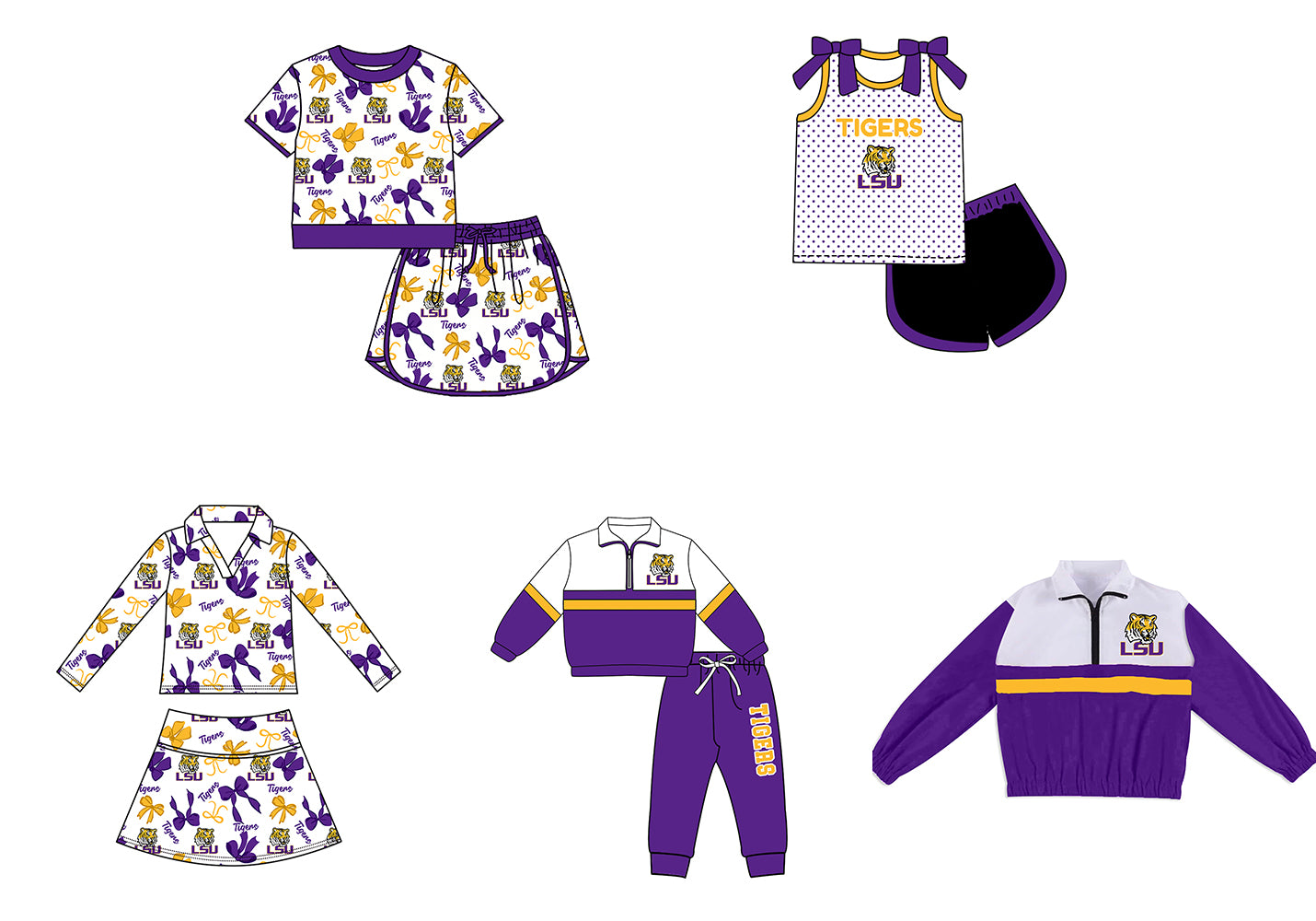 Custom moq 5 mix size summer teams Girls Polka Dot Top Shorts Set Purple Bows Top Skirt Short Set Zipper Pullover Pants Set