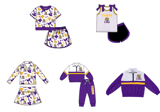 Custom moq 5 mix size summer teams Girls Polka Dot Top Shorts Set Purple Bows Top Skirt Short Set Zipper Pullover Pants Set