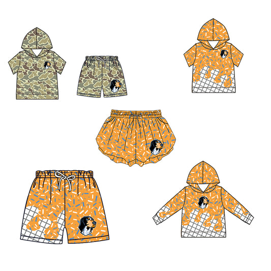 Custom moq 5 mix size milk silk summer teams Baby Camo Hooded Short Sleeve Top and Shorts Set Ice Cream Drips Orange Hooded Top with Matching Shorts