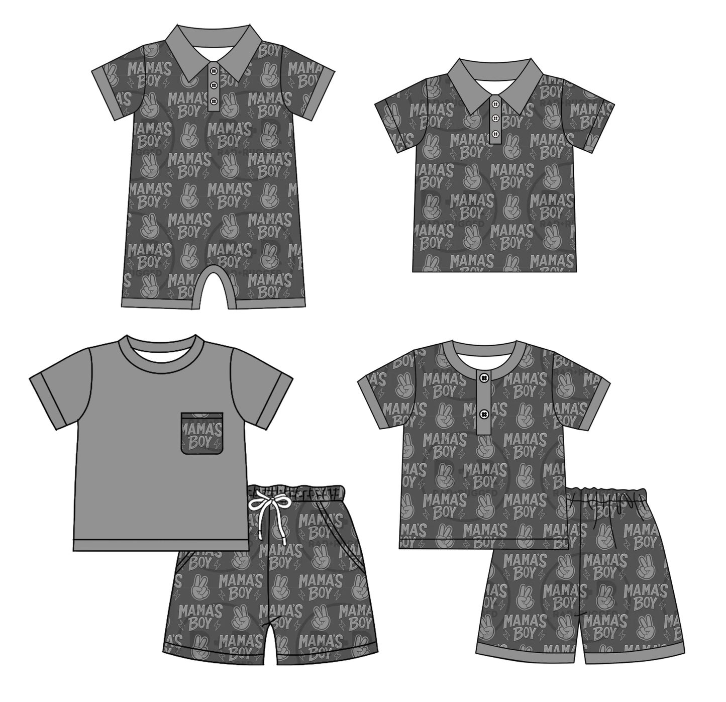 Custom moq 5 mix size Sibling Grey Short-Sleeved Baby Boys Pajamas Set Romper Short-Sleeved Polo Shirt And Shorts Set Mama's Boy Comfortable Sleepwear for Toddler Boys