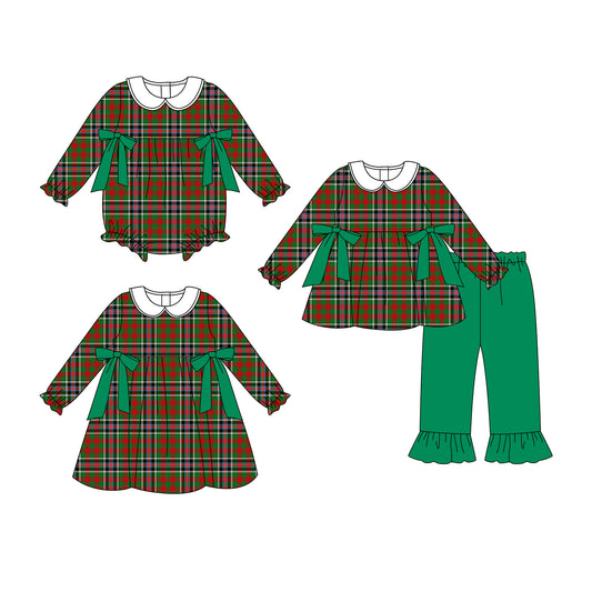 25.7.10 custom each style moq 5eta 4-6week Sibling Sisters green baby girl long sleeve pants sets and dress and rompers match family design