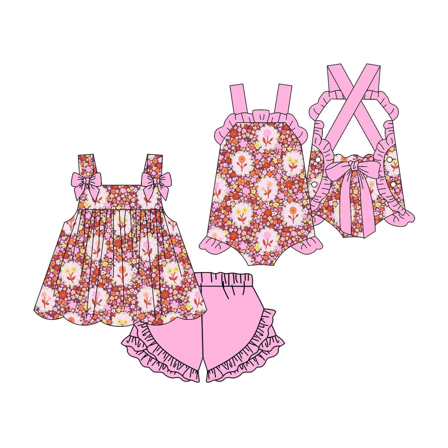 3.3 Custom moq 5 mix size Sibling Baby Girl's Sleeveless Top And Pink Shorts Set Cute Romper for Summer