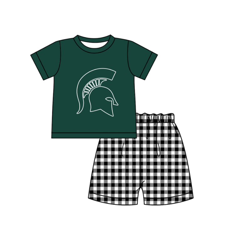 Custom moq 5 mix size milk silk summer teams baby girl boys clothes Green Black and white checkered short sleeve shorts sets 3 and dress and rompers 2 series
