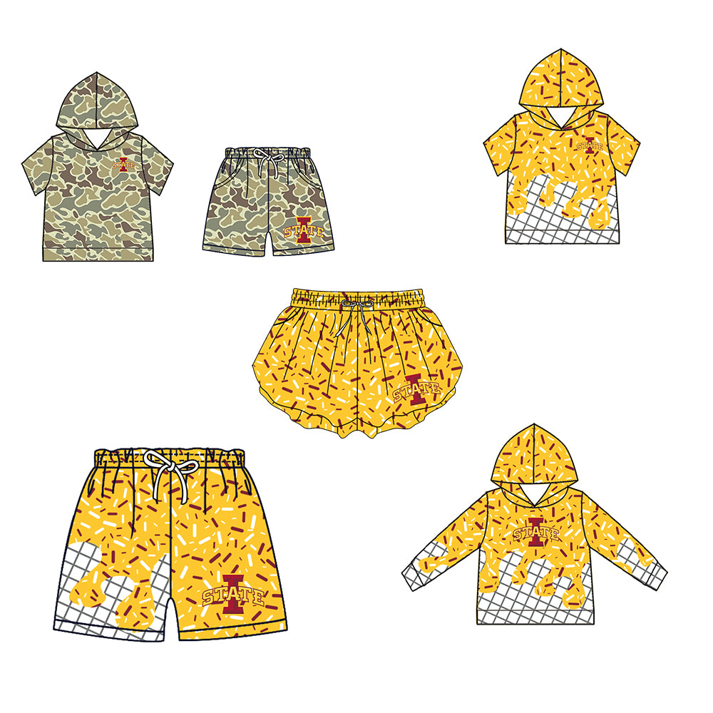 Custom moq 5 mix size milk silk summer teams Baby Camo Hooded Short Sleeve Top and Shorts Set Yellow Ice Cream Drips Hooded Top with Matching Shorts