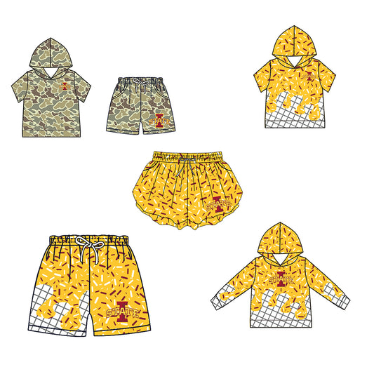 Custom moq 5 mix size milk silk summer teams Baby Camo Hooded Short Sleeve Top and Shorts Set Yellow Ice Cream Drips Hooded Top with Matching Shorts