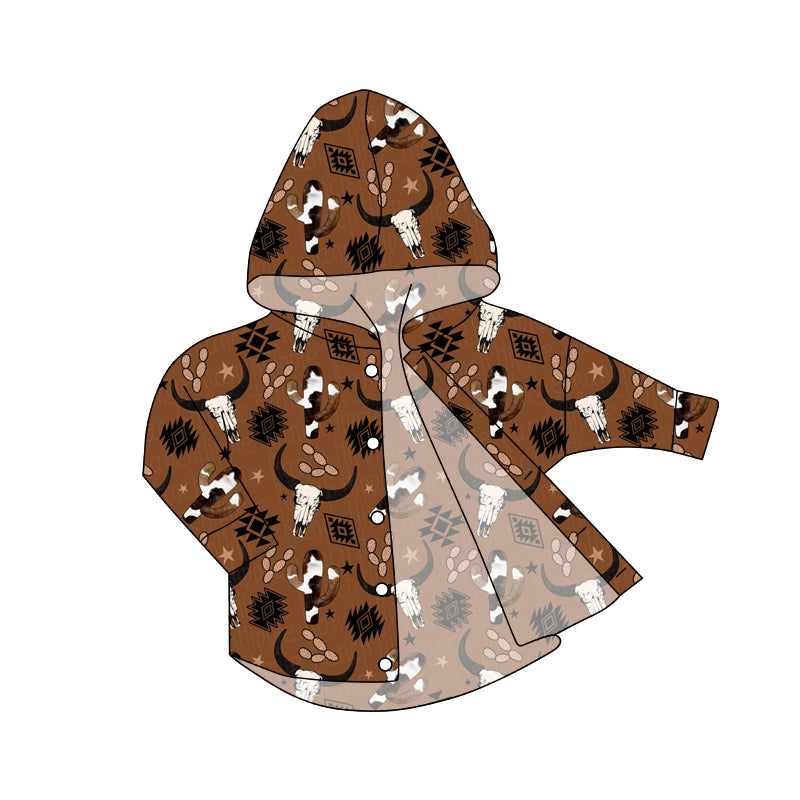 9.7 custom each style moq 5 eta 4-6week baby boys clothes cow head brown button hooded long sleeve top