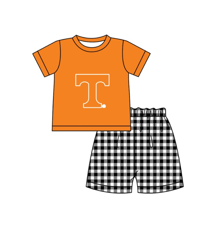 Custom moq 5 mix size milk silk summer teams baby girl boys clothes Orange Black and white checkered short sleeve shorts sets 3 and dress and rompers 2 series