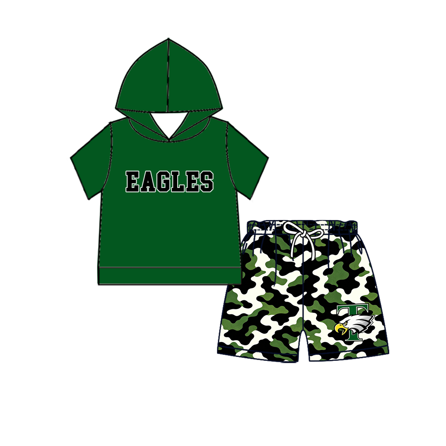 custom moq 5 mix size MSD070406 Baby Kids Long Sleeve Hooded Top And Camo Elastic Waist Shorts Clothes Set