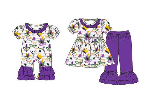 25.9.13 custom each style moq 5eta 6-8week Sibling Sisters mardi gras baby girl clothes short sleeve pants sets and romper match family design