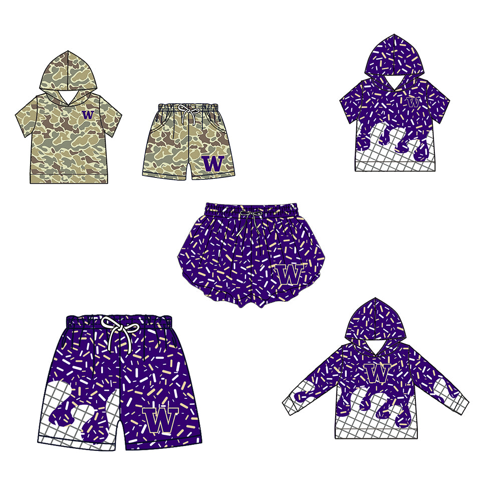 Custom moq 5 mix size milk silk summer teams Camo Hooded Short Sleeve Top Shorts Set Ice Cream Drips Purple Hooded Top with Matching Shorts For Kids
