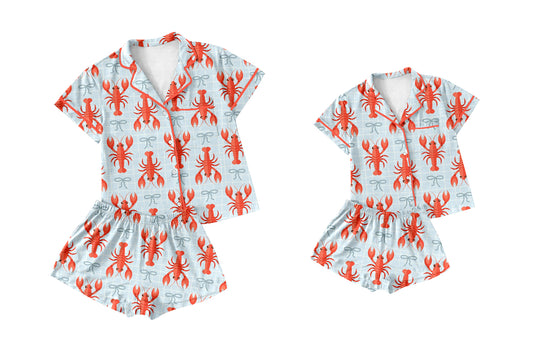 25.9.30 custom each style moq 5eta 4-6week Sibling Sister lobster bow baby short sleeve shorts sets and adult set match design