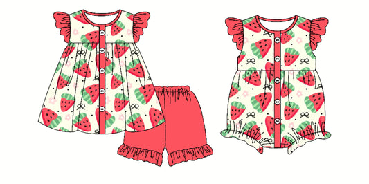 3.29 custom each style moq 5eta 4-6week Sibling Sister watermelon bow baby girl short sleeve shorts sets and romper match design