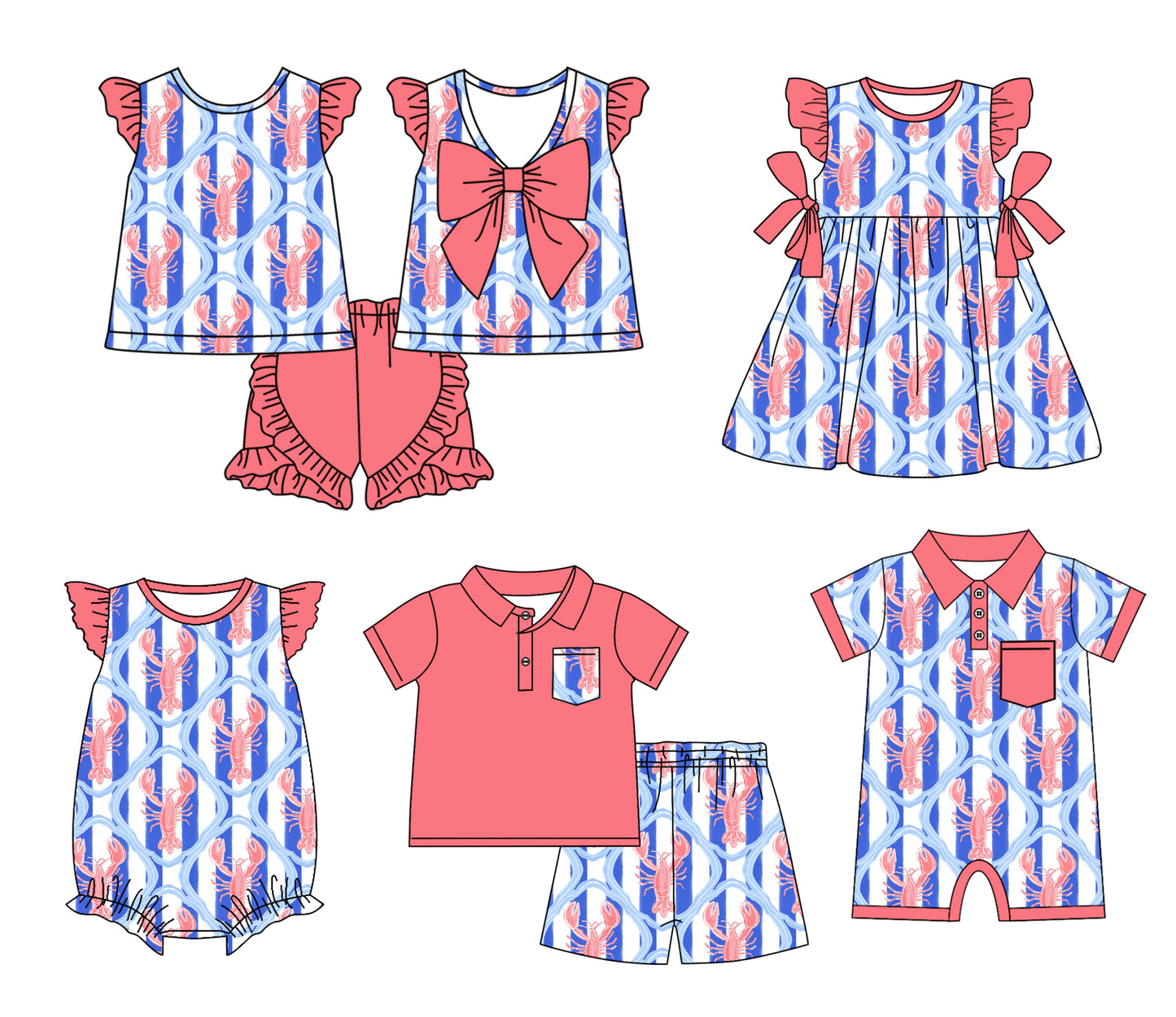 12.25 custom each style moq 5eta 4-6week Sibling Sister crayfish baby girl short sleeve shorts sets and sets 2 and girls romper and boy romper and dress match design