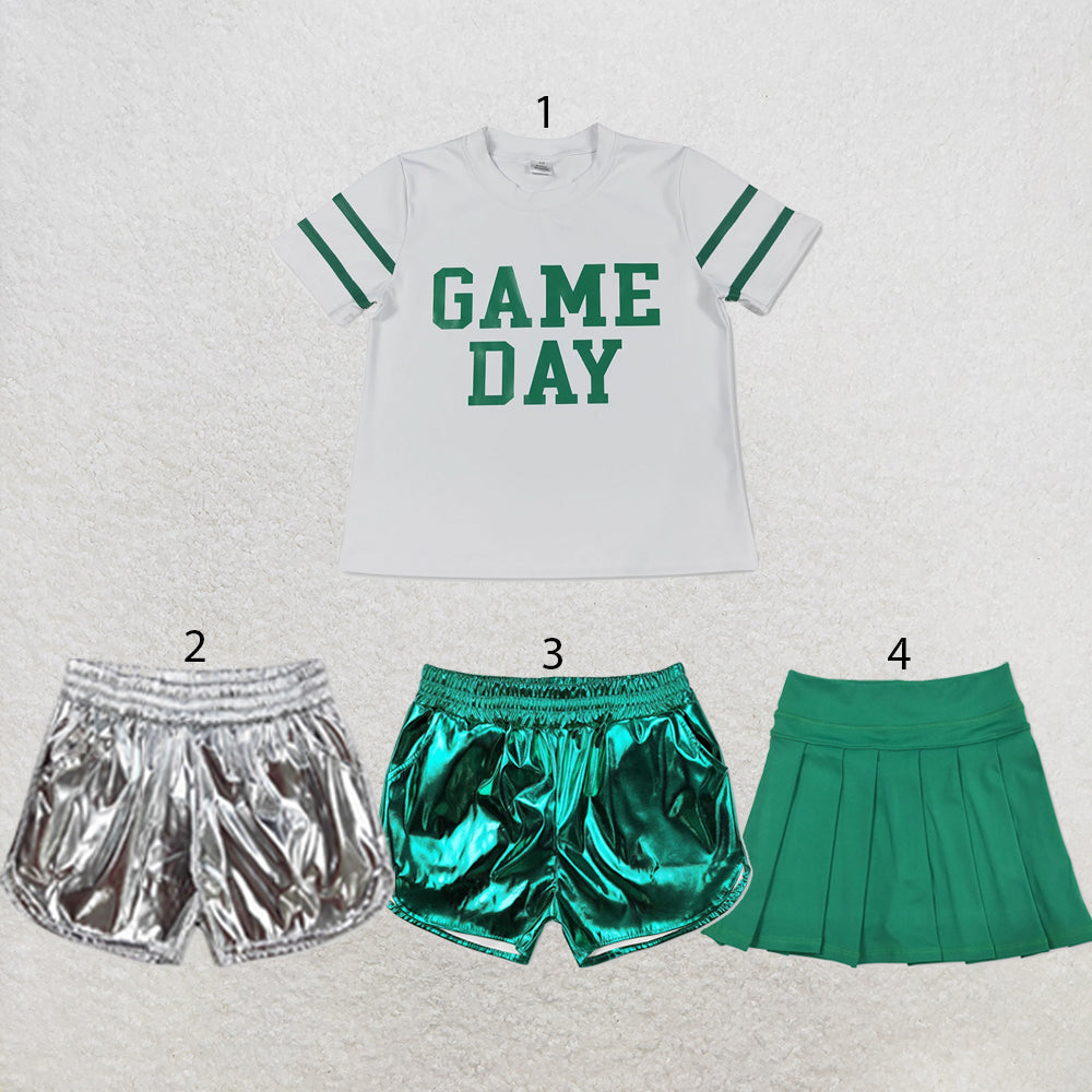 RTS NO MOQ Sibling yoga fabric Baby Girls Vinyl Green Game Day Print Top Matching Shorts Two Piece Team Active Clothes Set