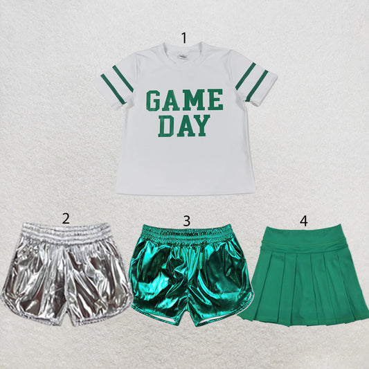 RTS NO MOQ Sibling yoga fabric Baby Girls Vinyl Green Game Day Print Top Matching Shorts Two Piece Team Active Clothes Set