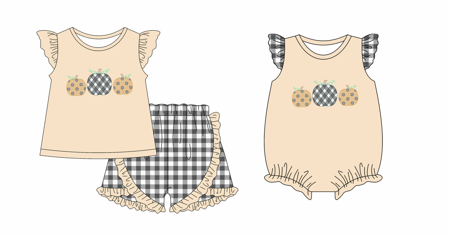 25.5.25 custom each style moq 5eta 4-6week Sibling Sisters pumpkin baby girl short sleeve shorts sets and rompers match family design