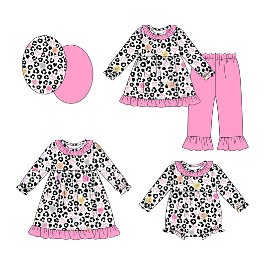 25.9.3 custom each style moq 5eta 4-6week Sibling Sisters leopard love baby girl long sleeve pants sets and dress and rompers match family design