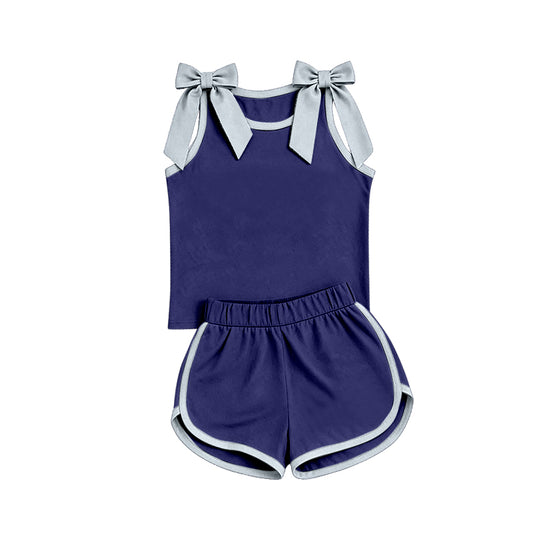 custom moq 5 mix size Baby Girls Grey Bow Sleeveless Purple Top Shorts Team Athletic Set