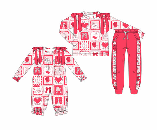 25.7.2 custom each style moq 5eta 4-6week Sibling Sisters love bow baby girl long sleeve pants sets and rompers match family design