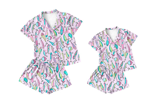 11.15 custom each style moq 5eta 4-6week Sibling Sister fish baby boys short sleeve shorts sets and adult sets match design