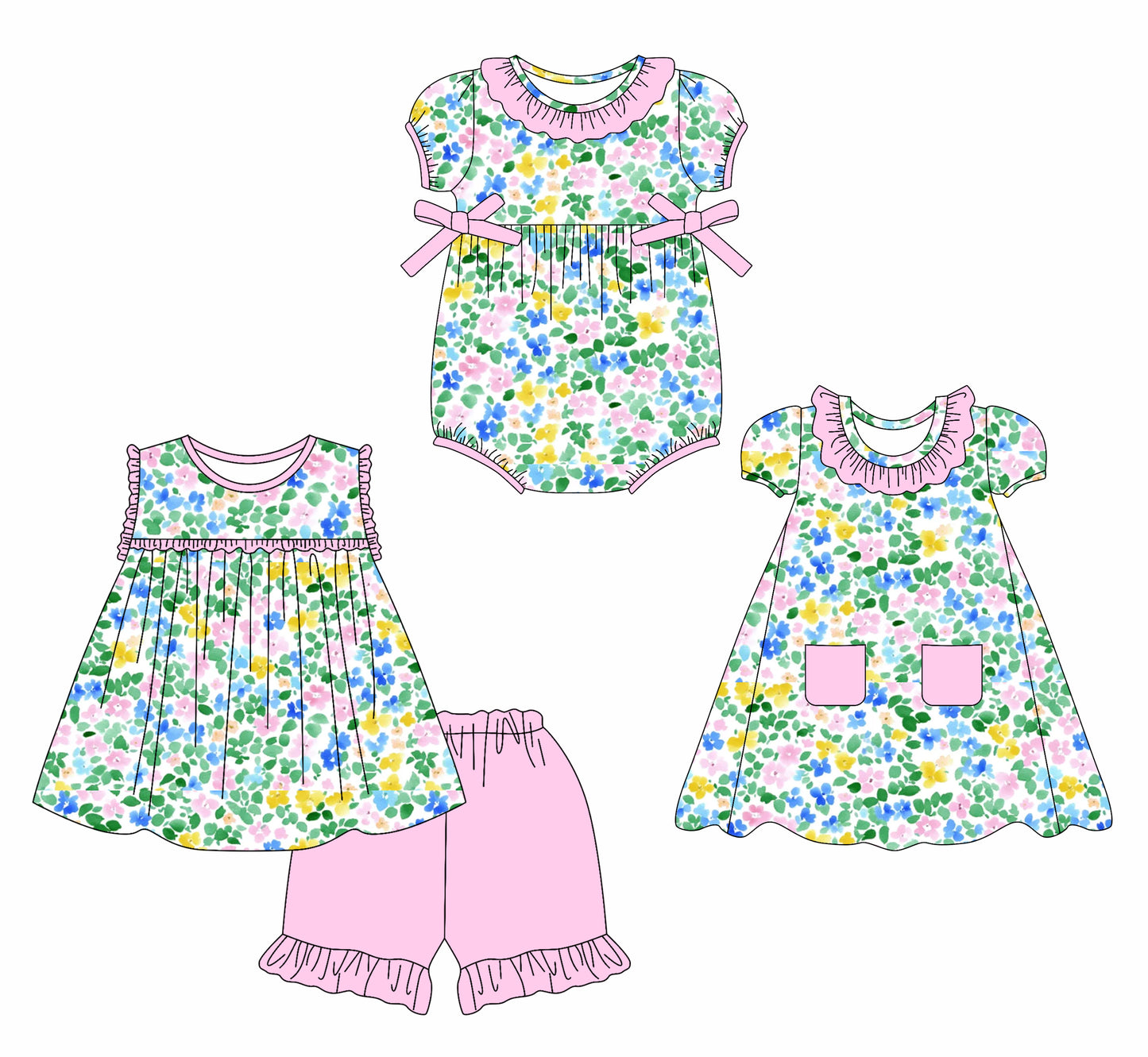 2.15 custom each style moq 5eta 4-6week Sibling Sisters floral baby girl short sleeve shorts sets and dress and rompers match family design