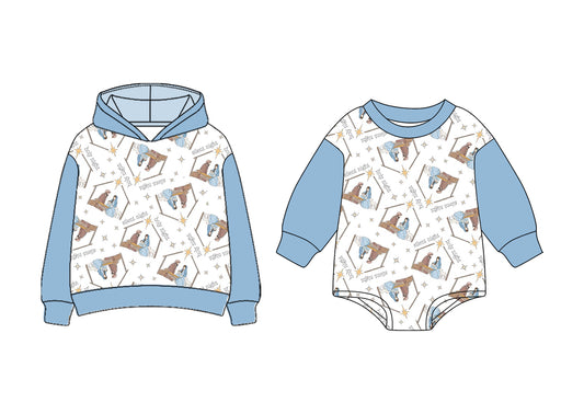 25.7.8 custom each style moq 5eta 4-6week Sibling Sisters blue baby boy long sleeve romper and top match family design